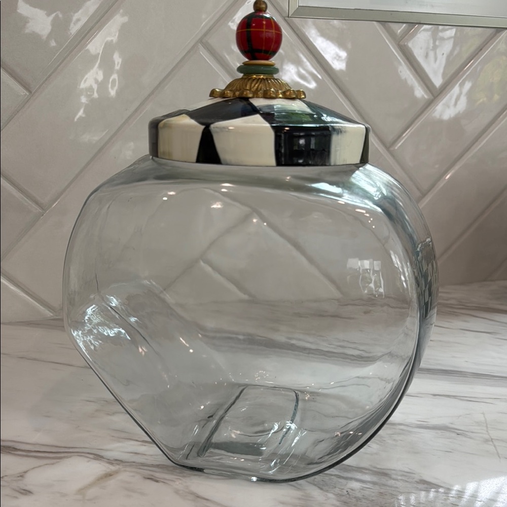 Mackenzie Childs Glass Jar with Courtly Checkered Lid and Red Accent